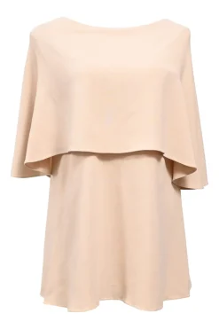 Beige viscose blend crepe bateau neck layered cape top with open back