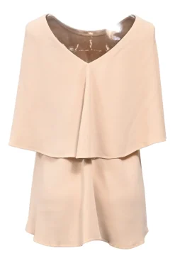 Beige viscose blend crepe bateau neck layered cape top with open back