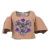 Beige wool-blend embellished crêpe cold-shoulder flounce sleeve crop top featuring floral broderie motif