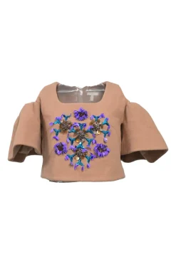 Beige wool-blend embellished crêpe cold-shoulder flounce sleeve crop top featuring floral broderie motif