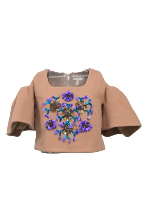 Beige wool-blend embellished crêpe cold-shoulder flounce sleeve crop top featuring floral broderie motif