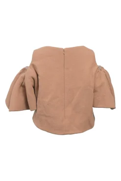 Beige wool-blend embellished crêpe cold-shoulder flounce sleeve crop top featuring floral broderie motif