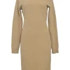 Beige wool-blend roll-neck pullover long sleeve knee-length sweater dress