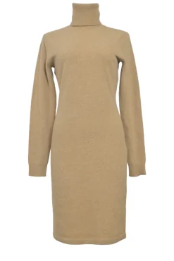 Beige wool-blend roll-neck pullover long sleeve knee-length sweater dress