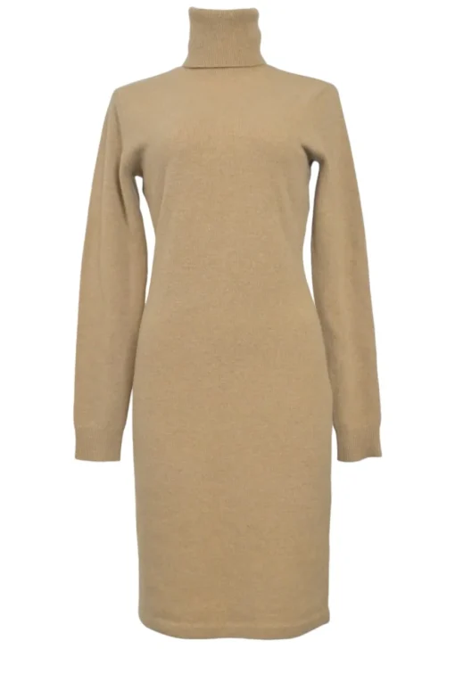 Beige wool-blend roll-neck pullover long sleeve knee-length sweater dress