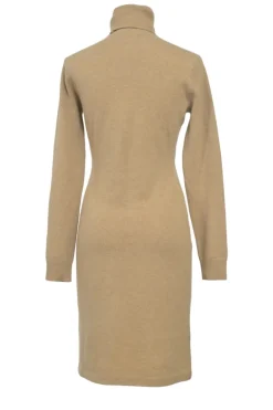 Beige wool-blend roll-neck pullover long sleeve knee-length sweater dress