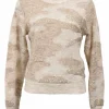 Beige wool-mohair-nylon experimental intarsia knit crewneck pullover sweater with camouflage motif