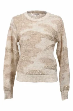 Beige wool-mohair-nylon experimental intarsia knit crewneck pullover sweater with camouflage motif