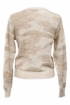 Beige wool-mohair-nylon experimental intarsia knit crewneck pullover sweater with camouflage motif