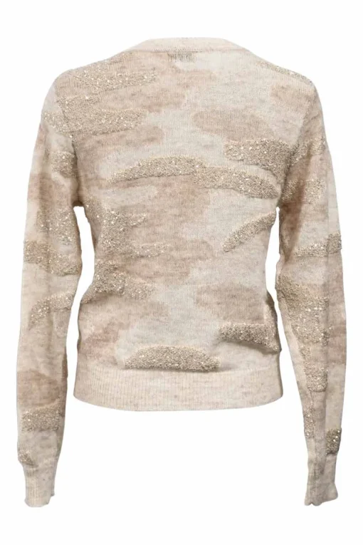 Beige wool-mohair-nylon experimental intarsia knit crewneck pullover sweater with camouflage motif