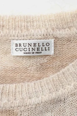 Beige wool-mohair-nylon experimental intarsia knit crewneck pullover sweater with camouflage motif