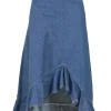 Bias-cut washed indigo denim asymmetric ruffle midi skirt with concealed side zip fastening