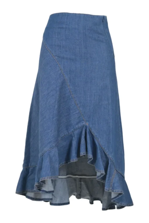 Bias-cut washed indigo denim asymmetric ruffle midi skirt with concealed side zip fastening