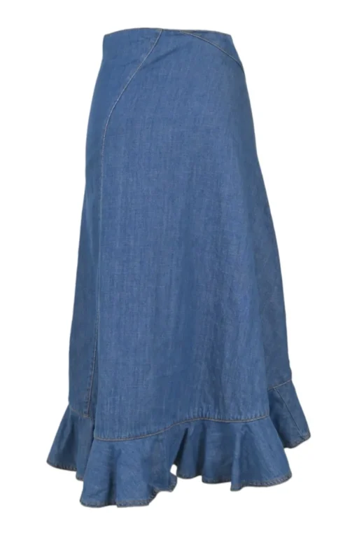 Bias-cut washed indigo denim asymmetric ruffle midi skirt with concealed side zip fastening