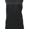 Black acetate sleeveless tunic top with button closure along shoulder