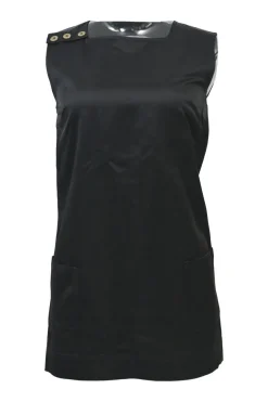 Black acetate sleeveless tunic top with button closure along shoulder
