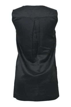 Black acetate sleeveless tunic top with button closure along shoulder