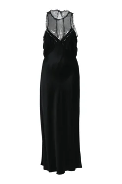 Black acetate-blend crewneck peek-a-boo flounce slip dress