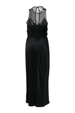 Black acetate-blend crewneck peek-a-boo flounce slip dress