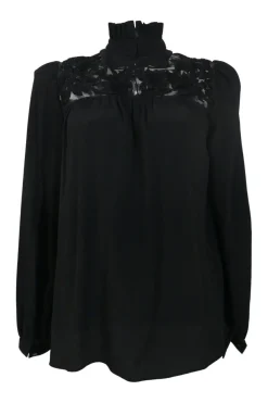 Black acetate-blend high-collar peek-a-boo blouse with floral lace yoke