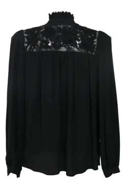 Black acetate-blend high-collar peek-a-boo blouse with floral lace yoke