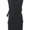 Black acetate-blend portrait collar sleeveless wrap-back sheath dress with adjustable self-tie fastening at waist
