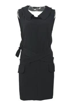 Black acetate-blend portrait collar sleeveless wrap-back sheath dress with adjustable self-tie fastening at waist