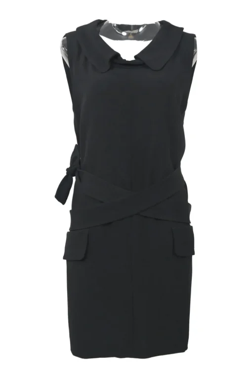 Black acetate-blend portrait collar sleeveless wrap-back sheath dress with adjustable self-tie fastening at waist