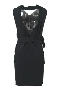 Black acetate-blend portrait collar sleeveless wrap-back sheath dress with adjustable self-tie fastening at waist