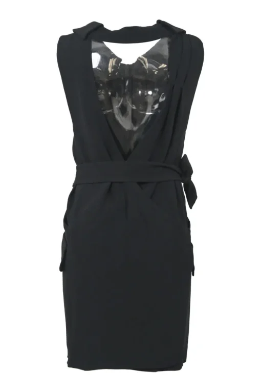 Black acetate-blend portrait collar sleeveless wrap-back sheath dress with adjustable self-tie fastening at waist
