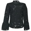 Black acrylic-blend semi-sheer floral fil coupé peek-a-boo mock neck trumpet sleeve blouse