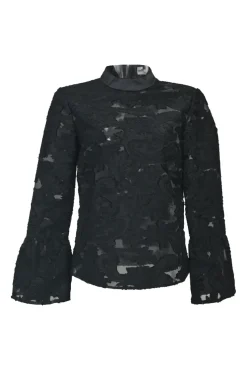 Black acrylic-blend semi-sheer floral fil coupé peek-a-boo mock neck trumpet sleeve blouse