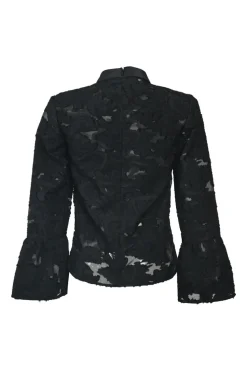 Black acrylic-blend semi-sheer floral fil coupé peek-a-boo mock neck trumpet sleeve blouse