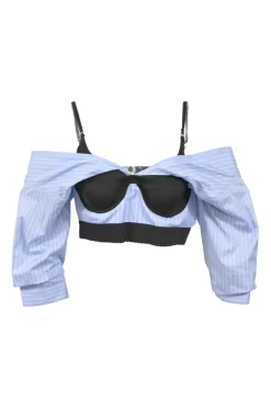 Black and blue cotton cold-shoulder hybrid bustier top