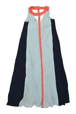 Black and blue paneled polyester chiffon colour-block swing-style shift dress with cutout band collar