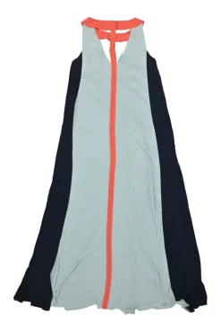 Black and blue paneled polyester chiffon colour-block swing-style shift dress with cutout band collar