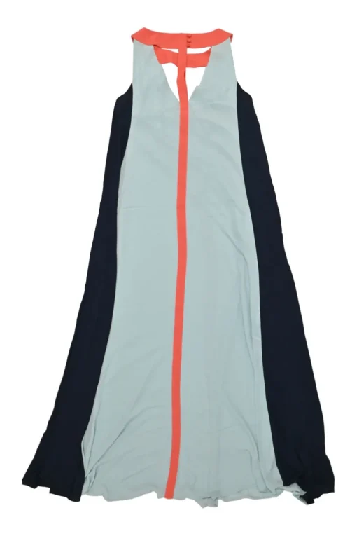 Black and blue paneled polyester chiffon colour-block swing-style shift dress with cutout band collar