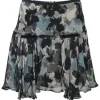 Black and blue silk abstract floral print pull-on mid-rise ruffle mini skirt