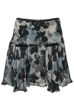 Black and blue silk abstract floral print pull-on mid-rise ruffle mini skirt