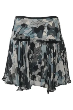 Black and blue silk abstract floral print pull-on mid-rise ruffle mini skirt