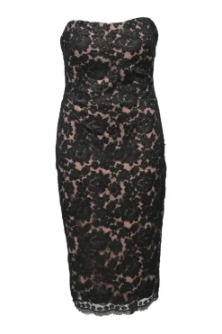 Black and blush layered silk scalloped floral lace strapless sheath dress
