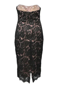 Black and blush layered silk scalloped floral lace strapless sheath dress