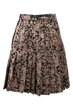 Black and blush polyester-blend metallic floral jacquard drop-waist knife-pleat skirt