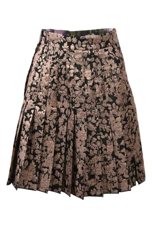 Black and blush polyester-blend metallic floral jacquard drop-waist knife-pleat skirt