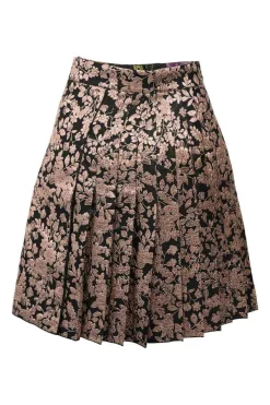 Black and blush polyester-blend metallic floral jacquard drop-waist knife-pleat skirt