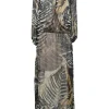 Black and brown semi-sheer silk palm leaf print wrap-effect plunge neck blouson maxi dress
