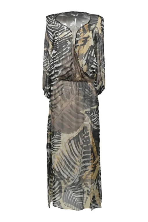 Black and brown semi-sheer silk palm leaf print wrap-effect plunge neck blouson maxi dress