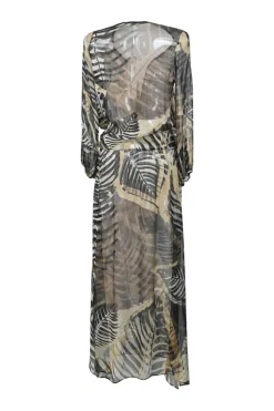 Black and brown semi-sheer silk palm leaf print wrap-effect plunge neck blouson maxi dress