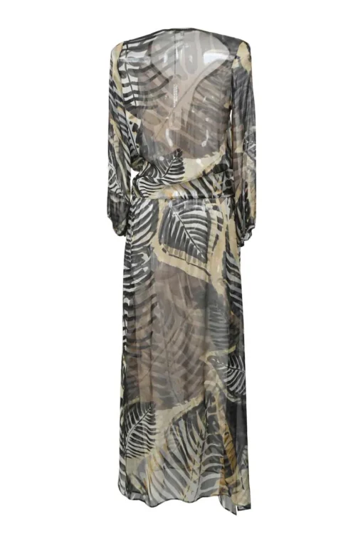 Black and brown semi-sheer silk palm leaf print wrap-effect plunge neck blouson maxi dress