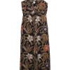 Black and brown silk floral Dutch wax print-style slip-style spaghetti strap sun dress with pleated bodice